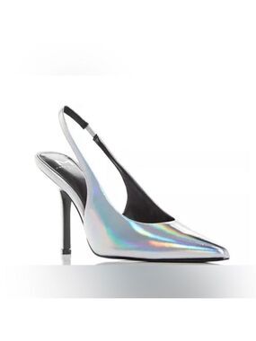 Marc Fisher Emalyn Pointed Toe Slingback Pumps in Patent Silver Leather - NWT
